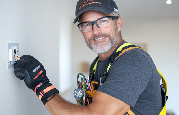 Zufriedener Elektriker bei der Arbeit - froh, weil er mit der KI-Telefonassistenz mehr Zeit für seine Arbeit hat